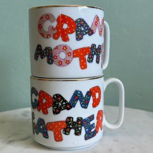 Pair of Grandmother & Grandfather Coffee Mugs with Gold Rim and Quilted Letters